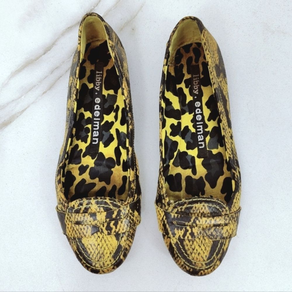 Libby Edelman Black Yellow Snake Print Textile Ballet Flats Penny Loafers, 6.5